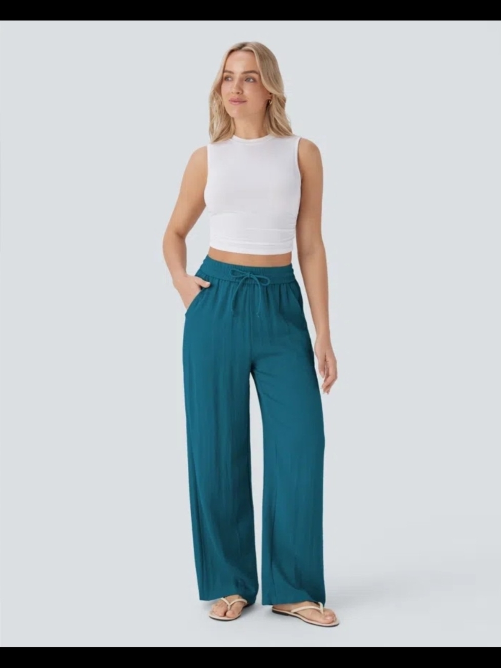 Halara High Waisted Drawstring Pocket Wide Leg Baggy Casual Linen-Feel Pants #68
